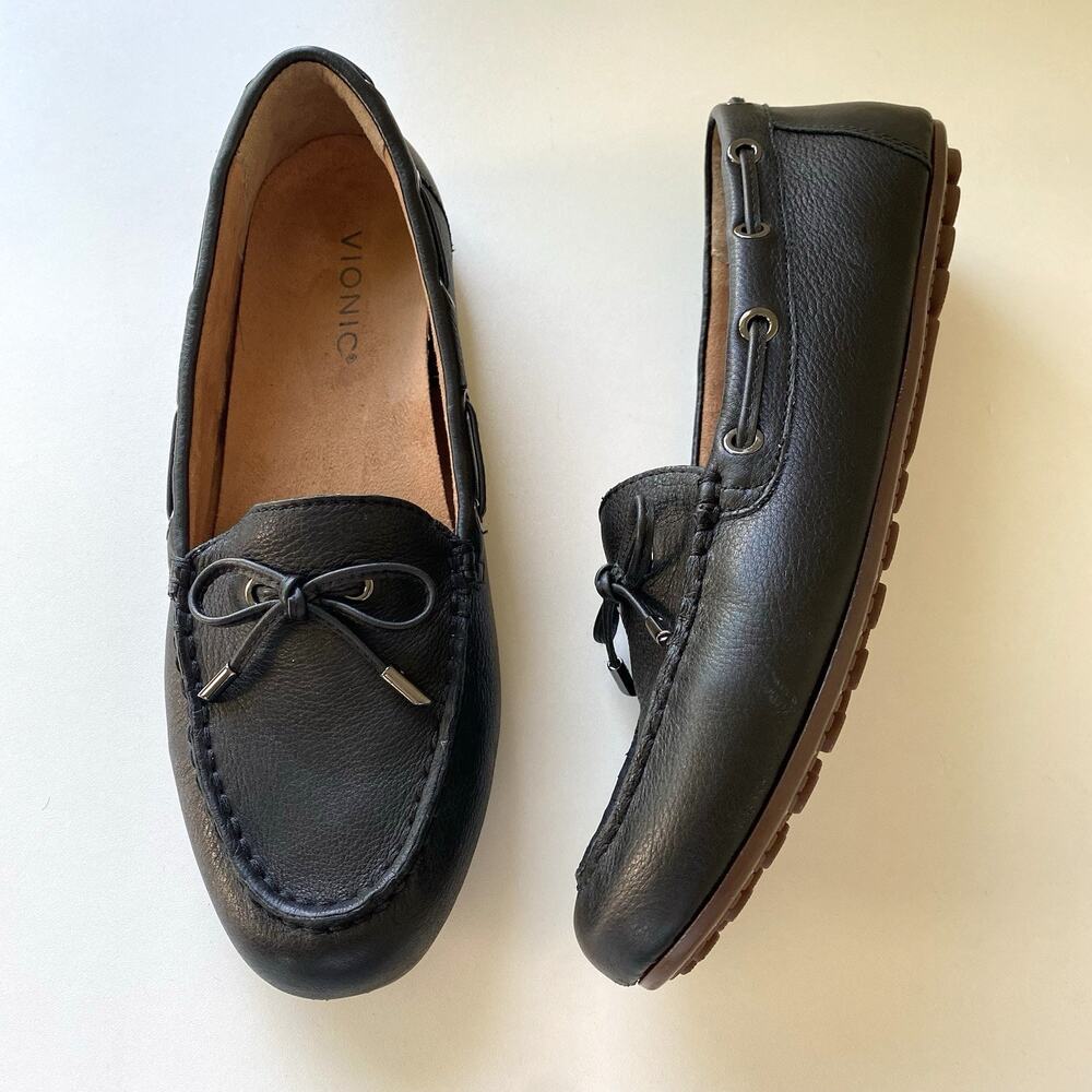 Vionic Virginia Leather Shoes Women Black Moccasin Driving Loafers Comfort SZ 10